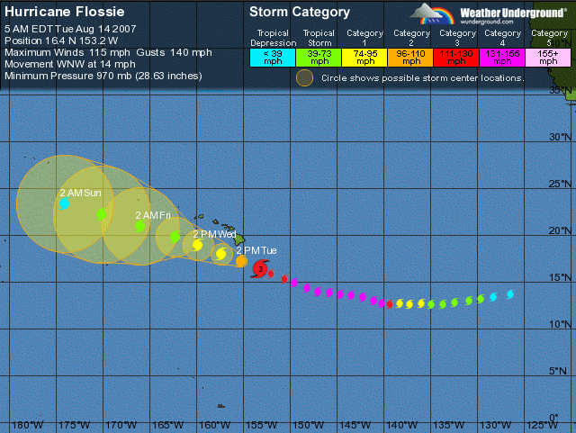 Predicted path of hurricane Flossie, just south of the Hawaiian islands