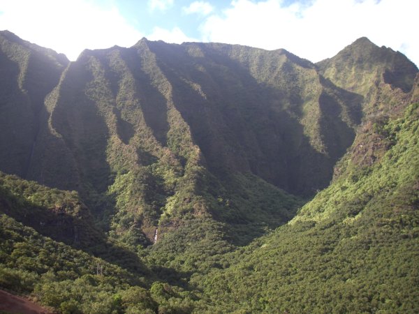 Looking into Hanakoa valley, with the main waterfall on the left (north) and a short side valley to the right (south)