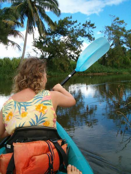 Sonja learns to steer a rudderless kayak