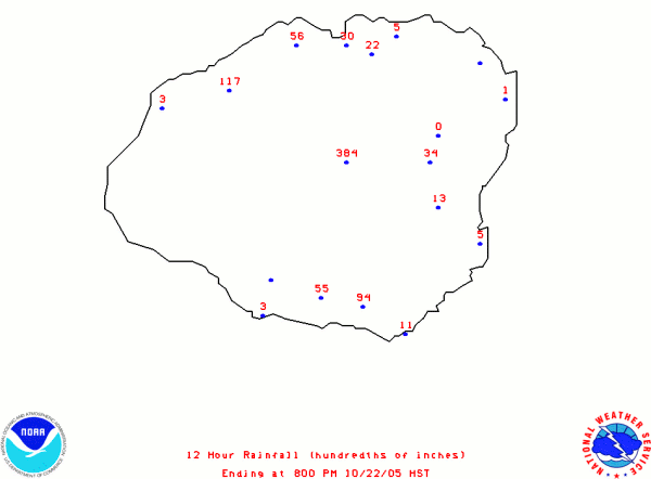 Outline map of Kauai from the NOAA and NWS showing the cumulated 12-hr rainfall for each rain gauge on Kauai