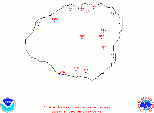 Map of rain gauge readings on Kauai March 17th 2006 at 8am for the preceding 24hrs: Waialeale at 5.60 inches, Wailua at 6.05 inches, and Kapahi (inland Kapaa) at 6.5 inches