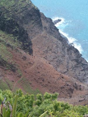 Looking down at the scariest part of the trail, above a steep drop off into the ocean Looking down at the scariest part of the trail, above a steep drop off into the ocean
